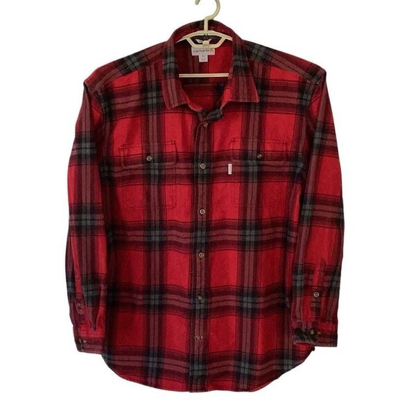 Carhartt Plaid Mens Shirt 2XL Thick Flannel Button Up Heavy Duty Red Black - Picture 1 of 7